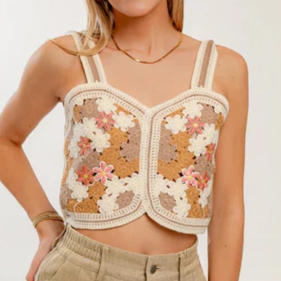 Handmade Tops - Handmade Knit Crochet Stitch Floral Granny Square Cami Crop Tank Top Boho Pool M